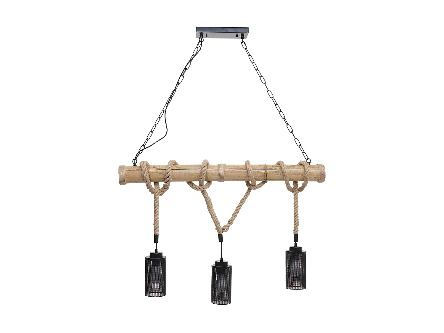 Lampe à suspension corde de bambou design vintage industrielle métal noir abat-jour tube 3x 04_0003599