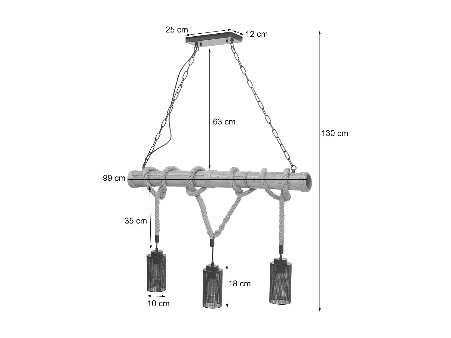 Lampe à suspension corde de bambou design vintage industrielle métal noir abat-jour tube 3x 04_0003599