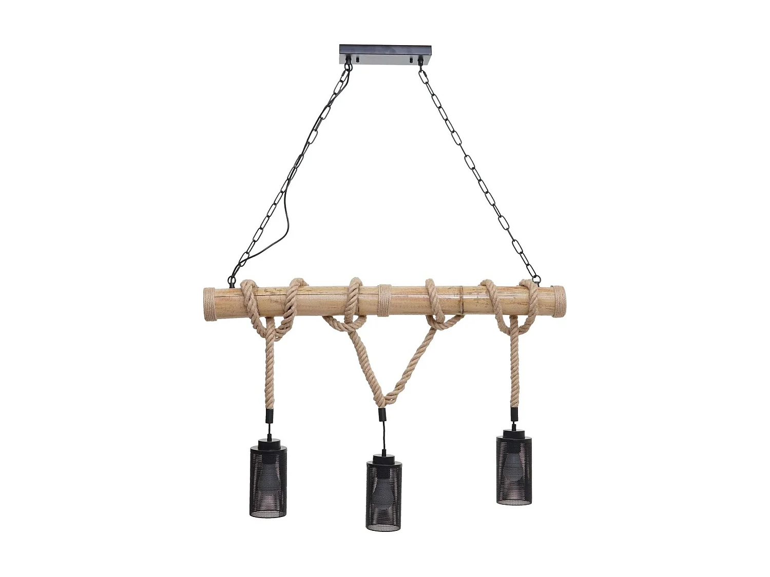 Lampe à suspension corde de bambou design vintage industrielle métal noir abat-jour tube 3x 04_0003599