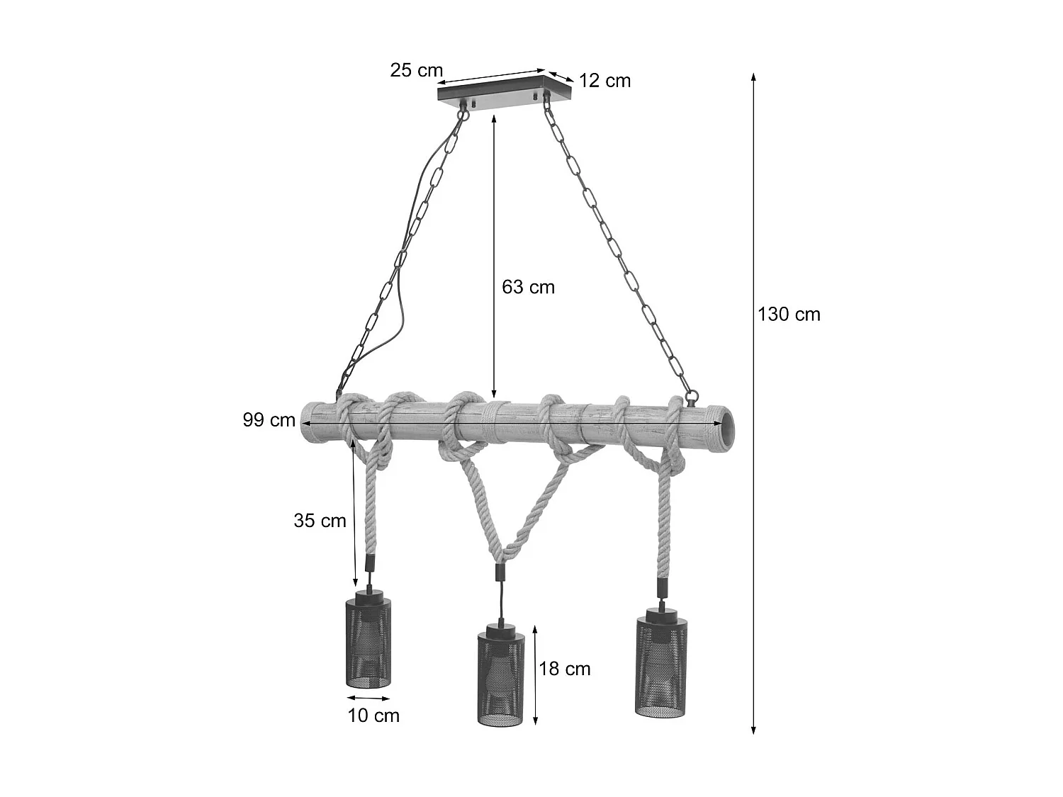 Lampe à suspension corde de bambou design vintage industrielle métal noir abat-jour tube 3x 04_0003599