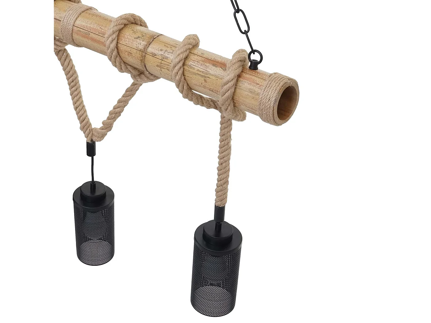 Lampe à suspension corde de bambou design vintage industrielle métal noir abat-jour tube 3x 04_0003599