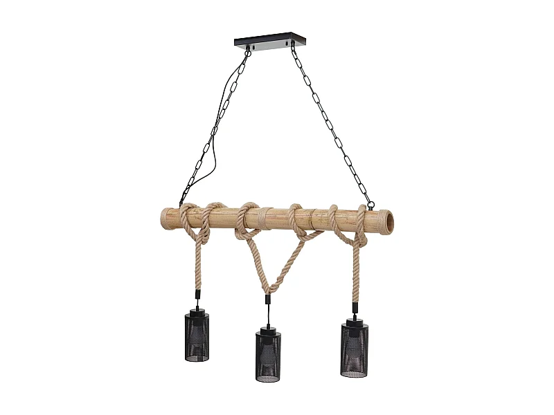 Lampe à suspension corde de bambou design vintage industrielle métal noir abat-jour tube 3x 04_0003599