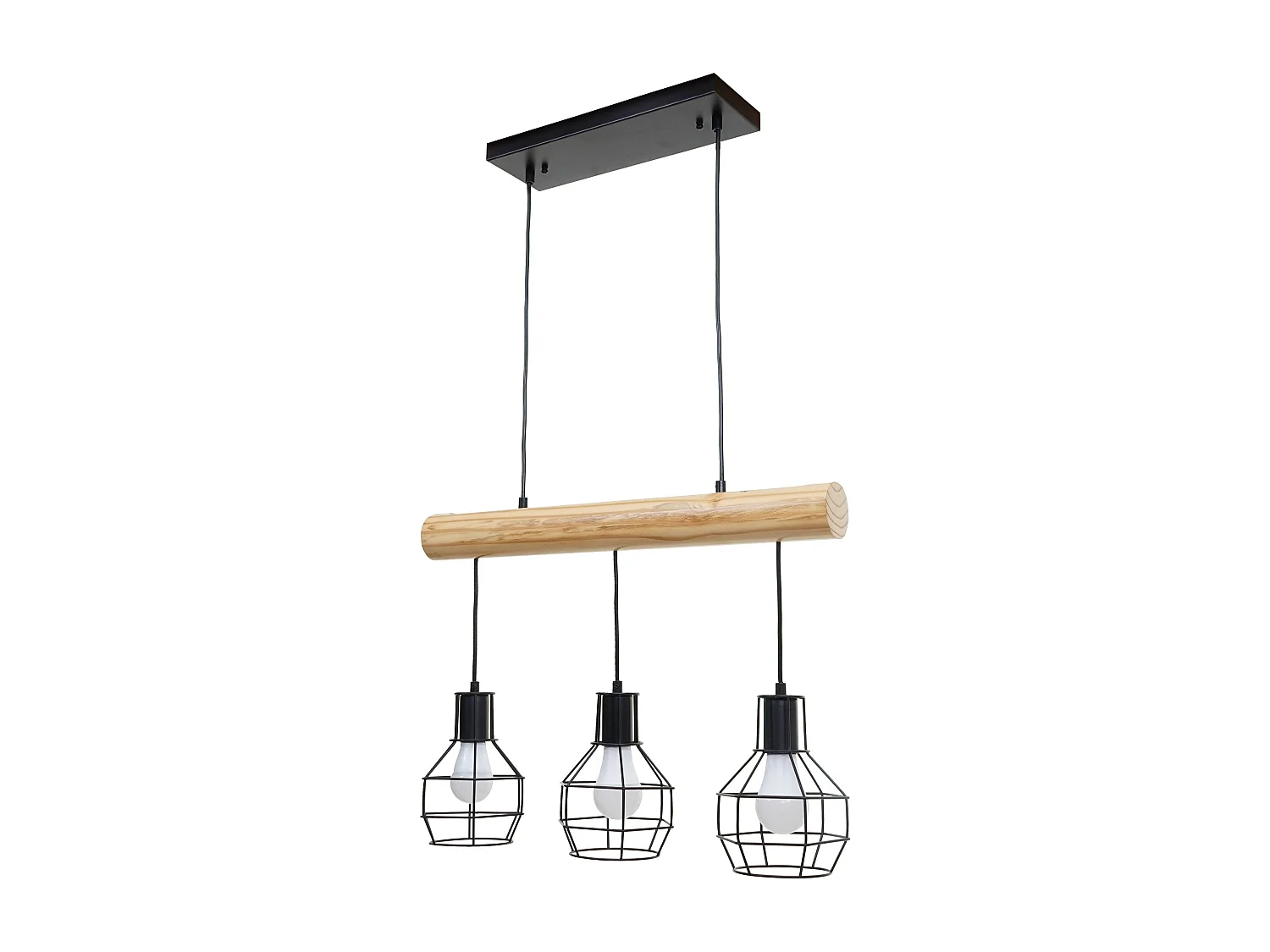 Lampe suspension lustre style industriel vintage bois massif métal noir 3 abat-jour en treillis 04_0003603