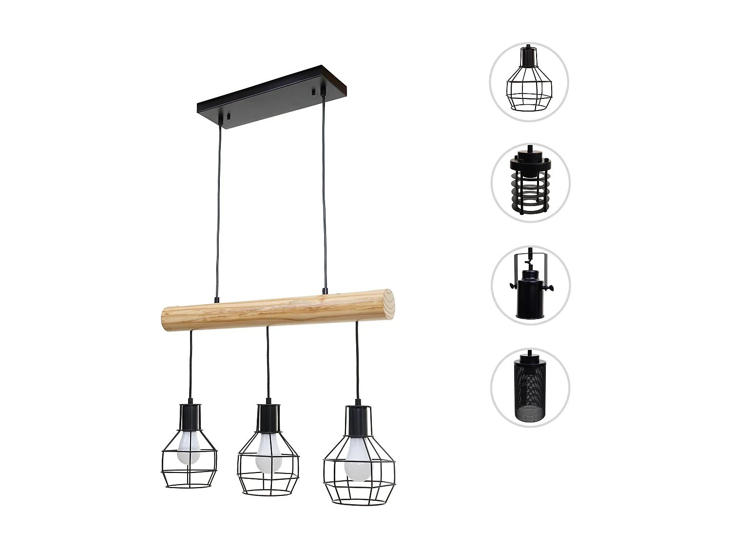 Lampe suspension lustre style industriel vintage bois massif métal noir 3 abat-jour en treillis 04_0003603
