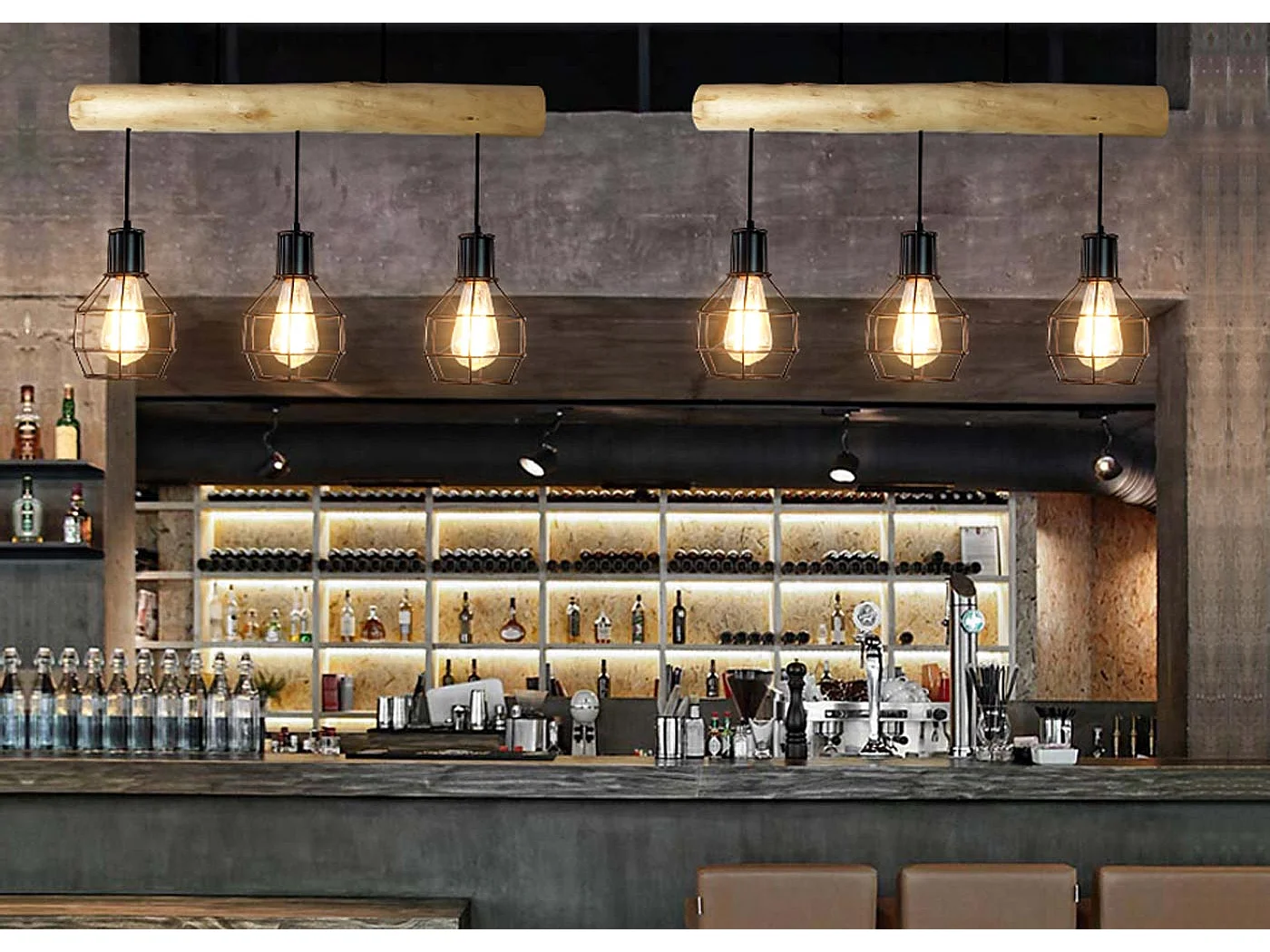 Lampe suspension lustre style industriel vintage bois massif métal noir 3 abat-jour en treillis 04_0003603