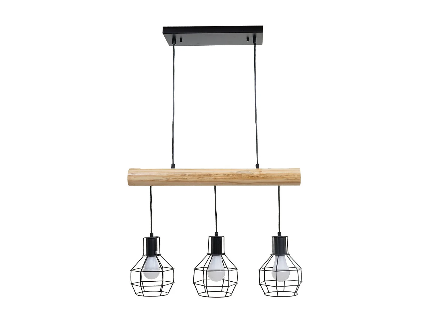 Lampe suspension lustre style industriel vintage bois massif métal noir 3 abat-jour en treillis 04_0003603