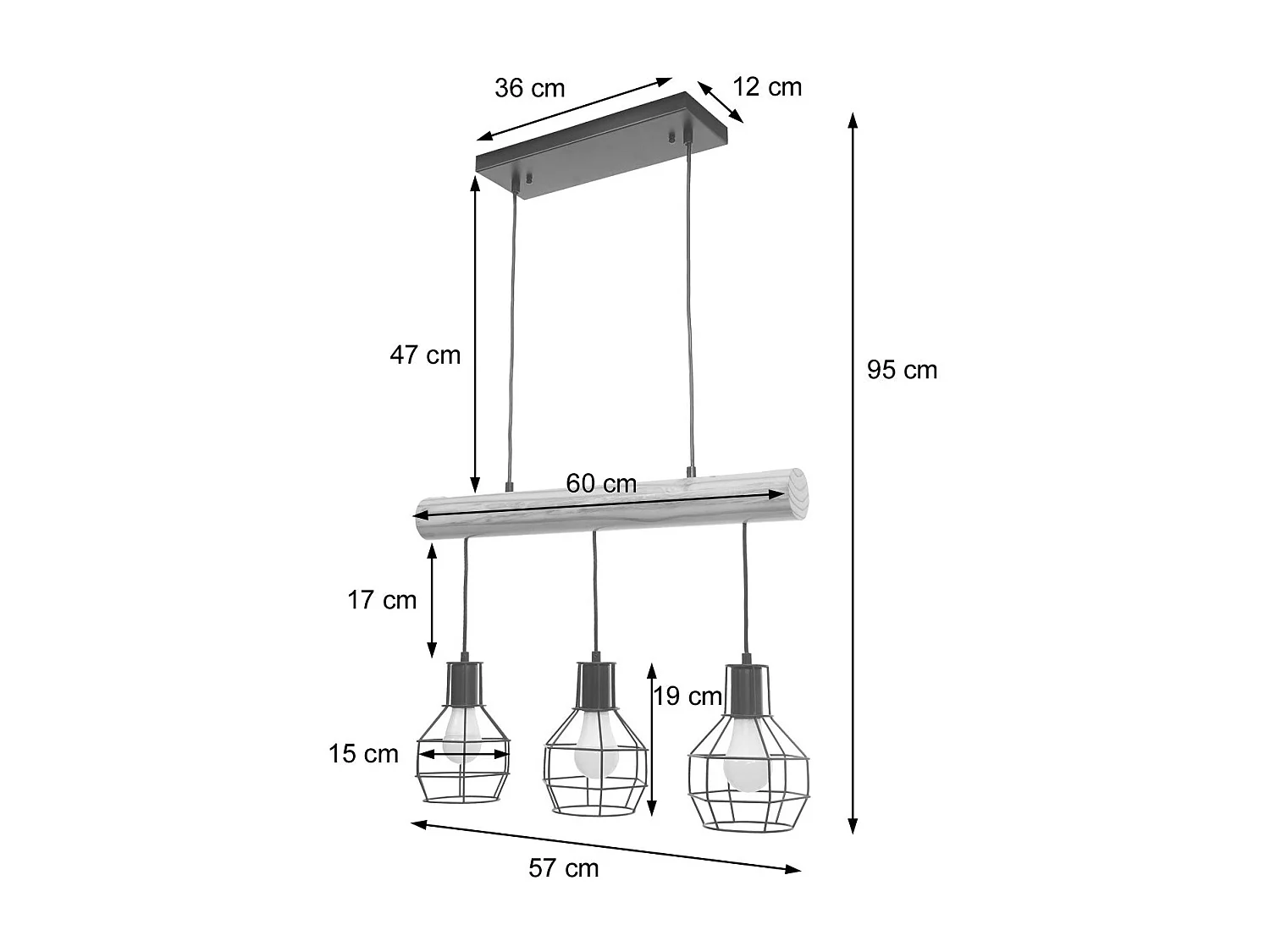 Lampe suspension lustre style industriel vintage bois massif métal noir 3 abat-jour en treillis 04_0003603