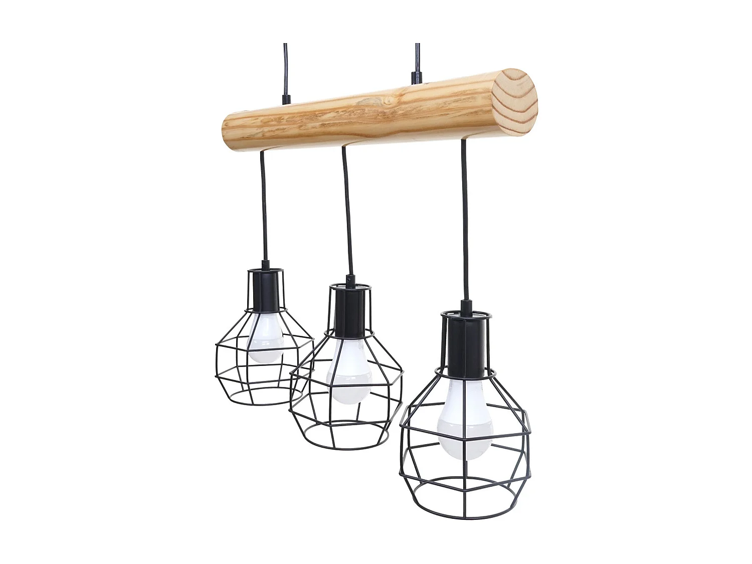 Lampe suspension lustre style industriel vintage bois massif métal noir 3 abat-jour en treillis 04_0003603