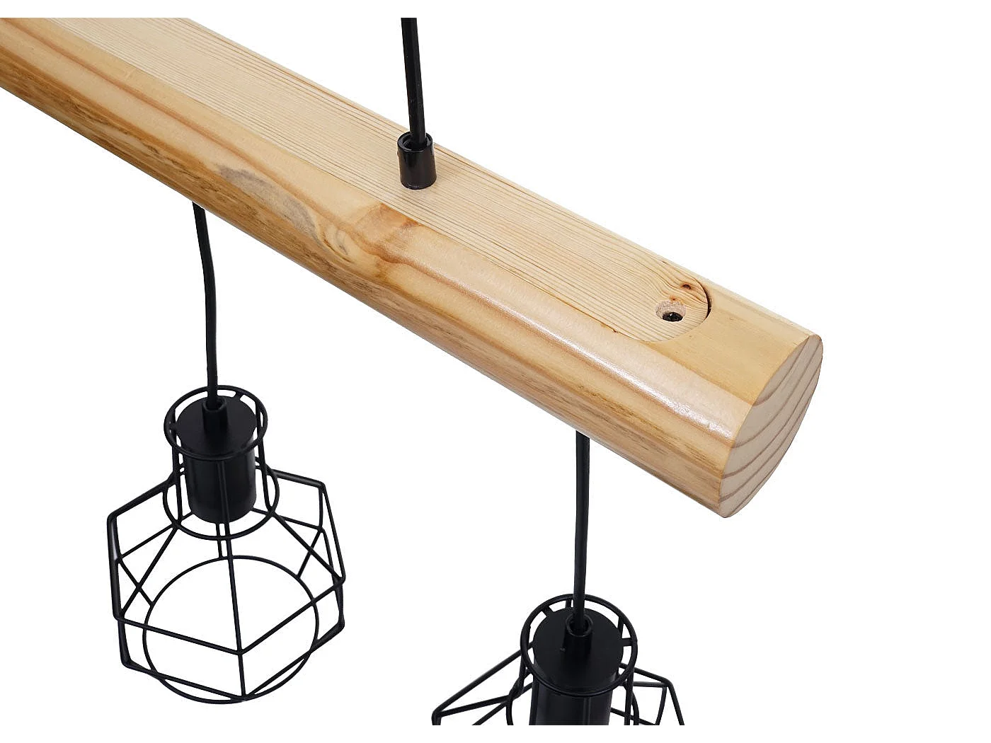Lampe suspension lustre style industriel vintage bois massif métal noir 3 abat-jour en treillis 04_0003603