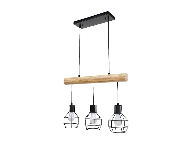 Lampe suspension lustre style industriel vintage bois massif métal noir 3 abat-jour en treillis 04_0003603