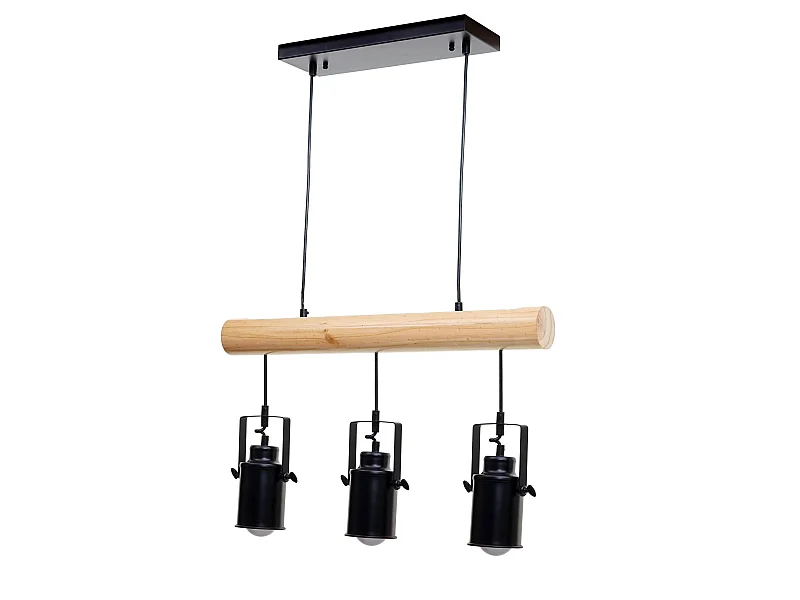 Lampe à suspension design vintage industriel bois massif métal noir 3 abat-jour spot 04_0004050