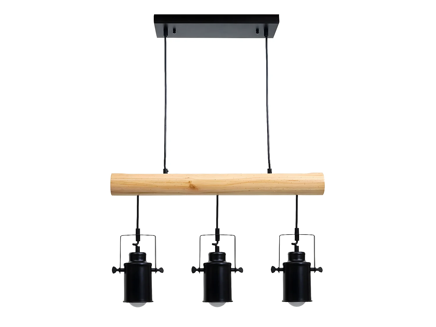 Lampe à suspension design vintage industriel bois massif métal noir 3 abat-jour spot 04_0004050