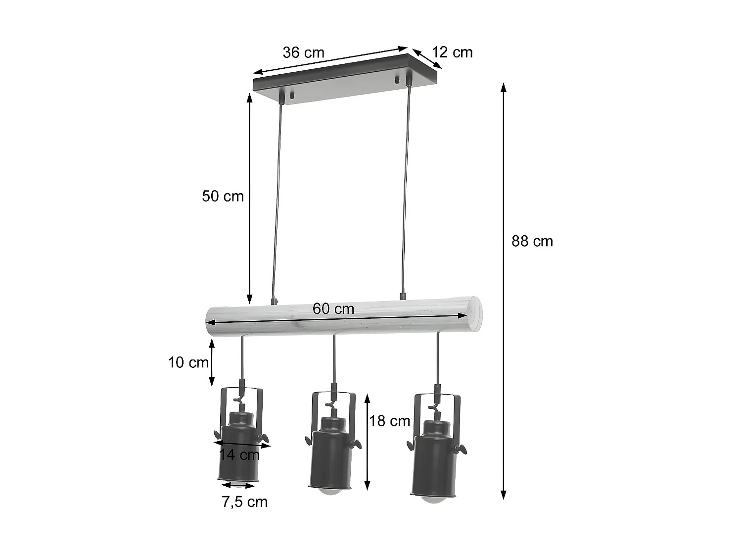 Lampe à suspension design vintage industriel bois massif métal noir 3 abat-jour spot 04_0004050