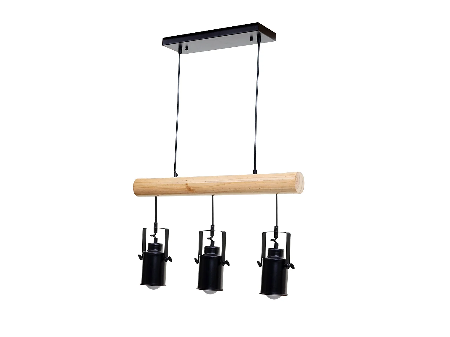 Lampe à suspension design vintage industriel bois massif métal noir 3 abat-jour spot 04_0004050