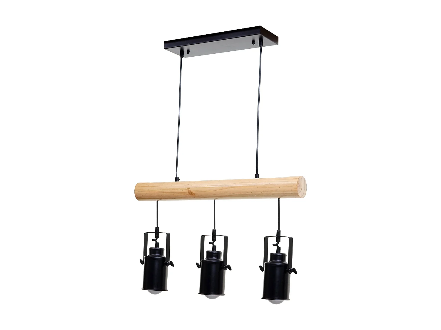 Lampe à suspension design vintage industriel bois massif métal noir 3 abat-jour spot 04_0004050
