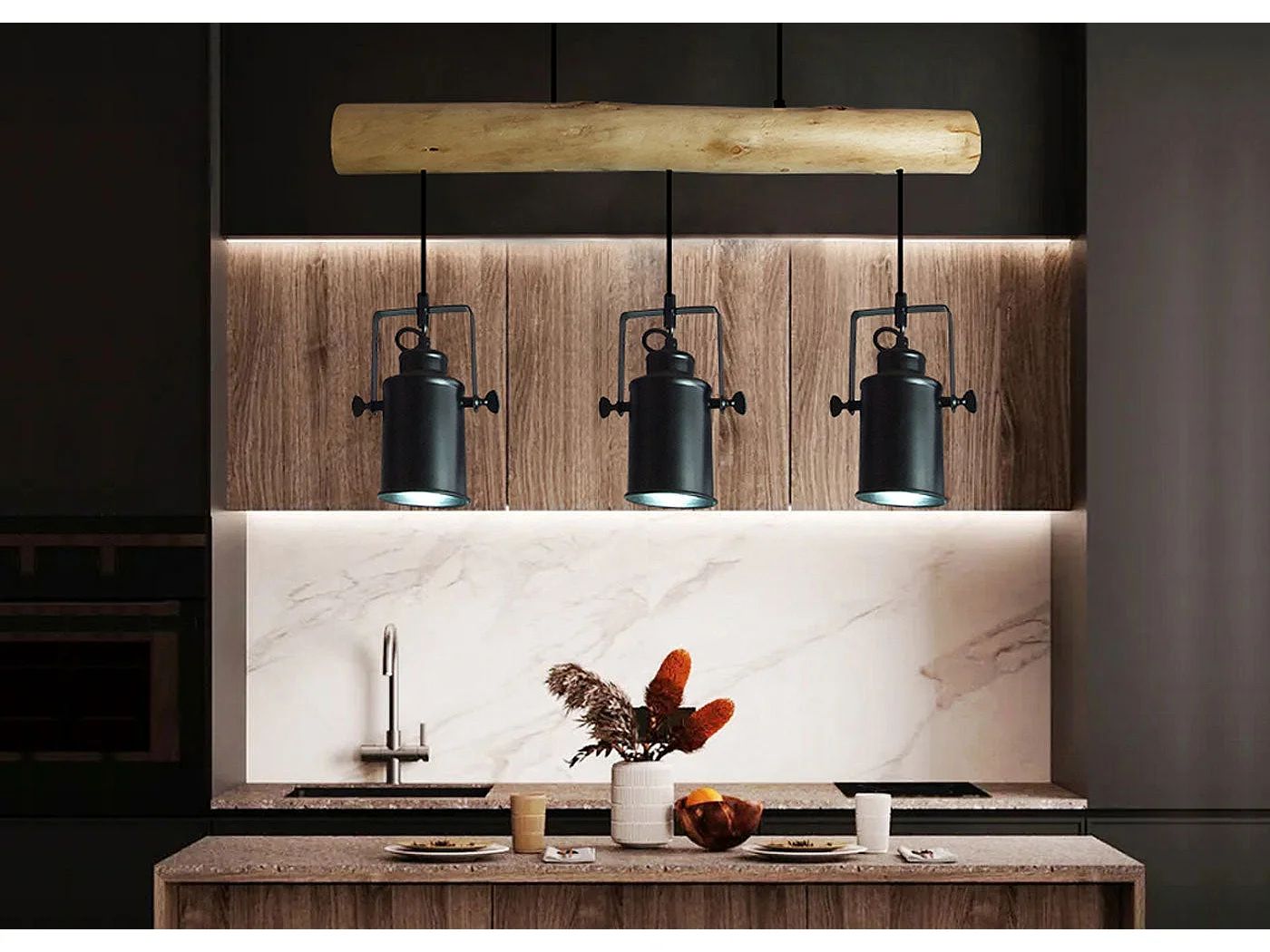 Lampe à suspension design vintage industriel bois massif métal noir 3 abat-jour spot 04_0004050