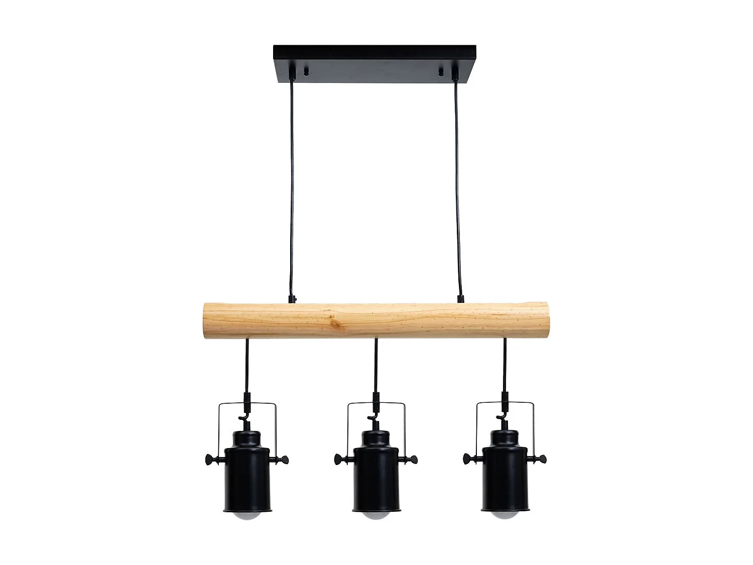 Lampe à suspension design vintage industriel bois massif métal noir 3 abat-jour spot 04_0004050