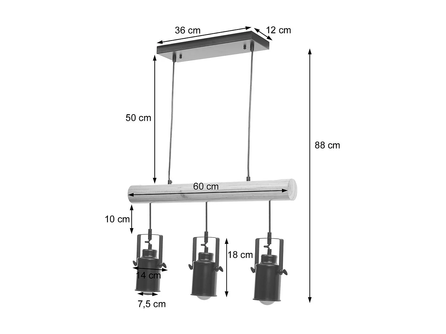 Lampe à suspension design vintage industriel bois massif métal noir 3 abat-jour spot 04_0004050