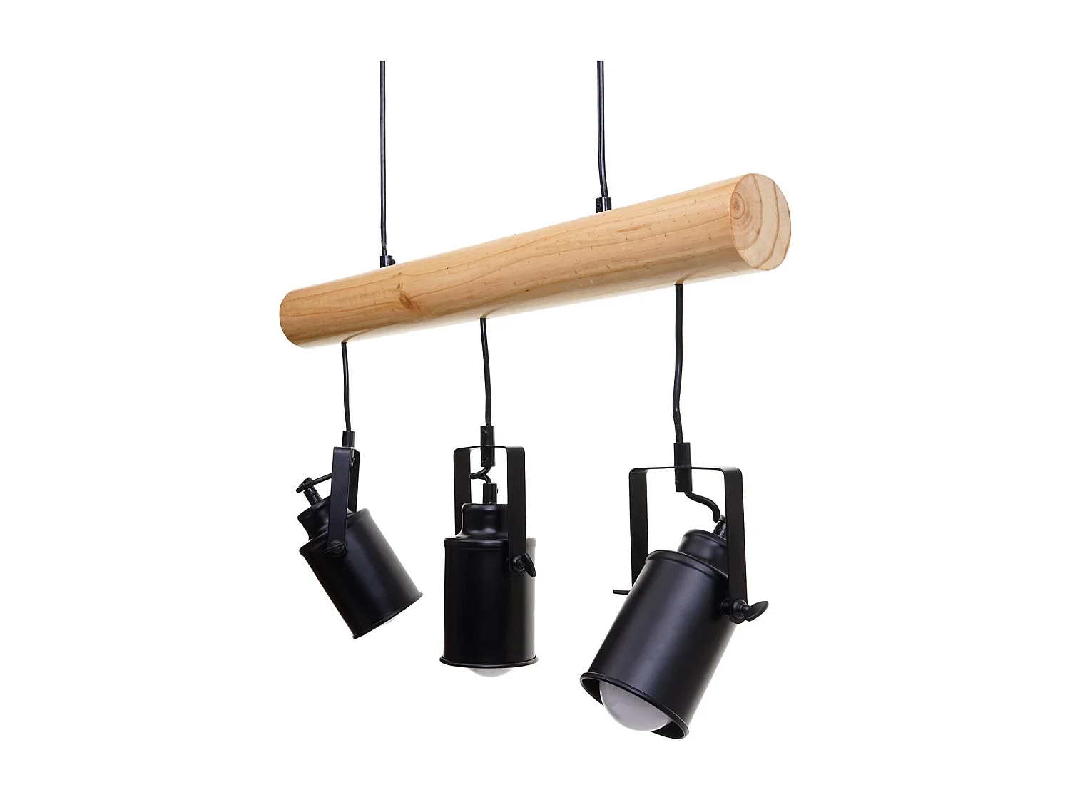 Lampe à suspension design vintage industriel bois massif métal noir 3 abat-jour spot 04_0004050