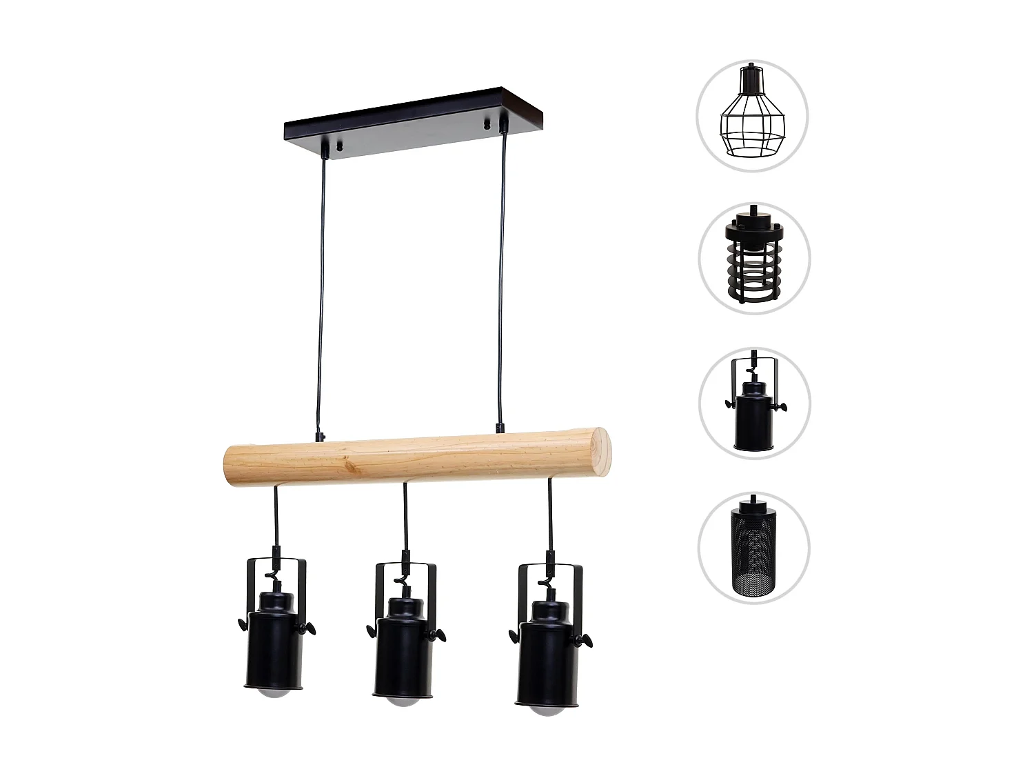 Lampe à suspension design vintage industriel bois massif métal noir 3 abat-jour spot 04_0004050