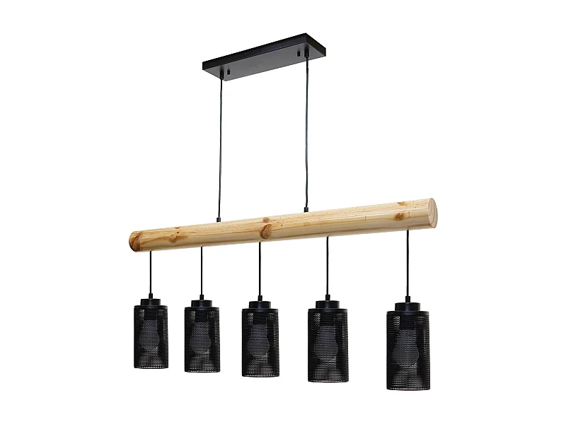 Lampe à suspension de plafond style vintage industriel en bois massif métal noir 5 abat-jour en tube 04_0003600