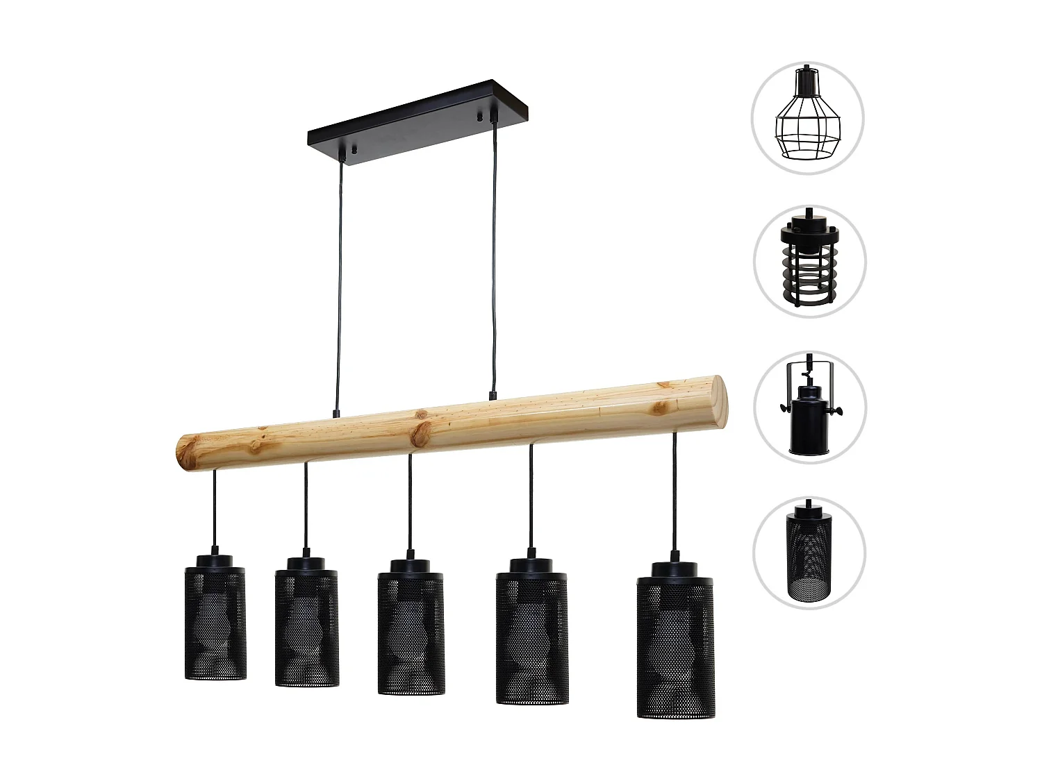 Lampe à suspension de plafond style vintage industriel en bois massif métal noir 5 abat-jour en tube 04_0003600