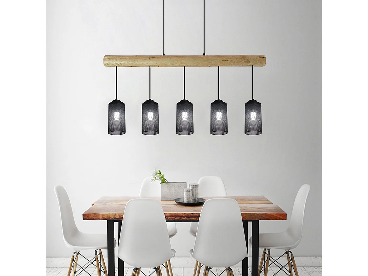 Lampe à suspension de plafond style vintage industriel en bois massif métal noir 5 abat-jour en tube 04_0003600