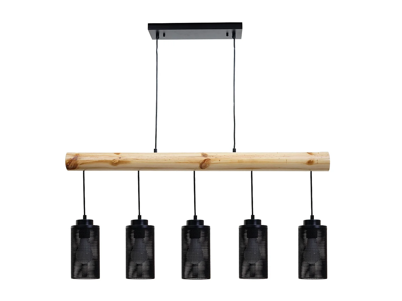 Lampe à suspension de plafond style vintage industriel en bois massif métal noir 5 abat-jour en tube 04_0003600