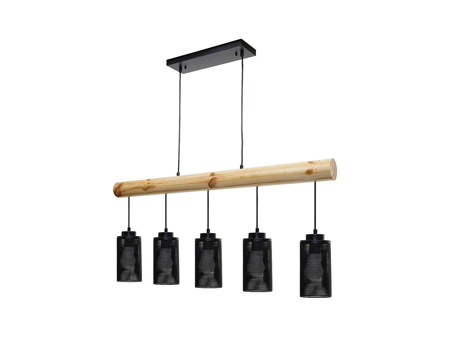 Lampe à suspension de plafond style vintage industriel en bois massif métal noir 5 abat-jour en tube 04_0003600