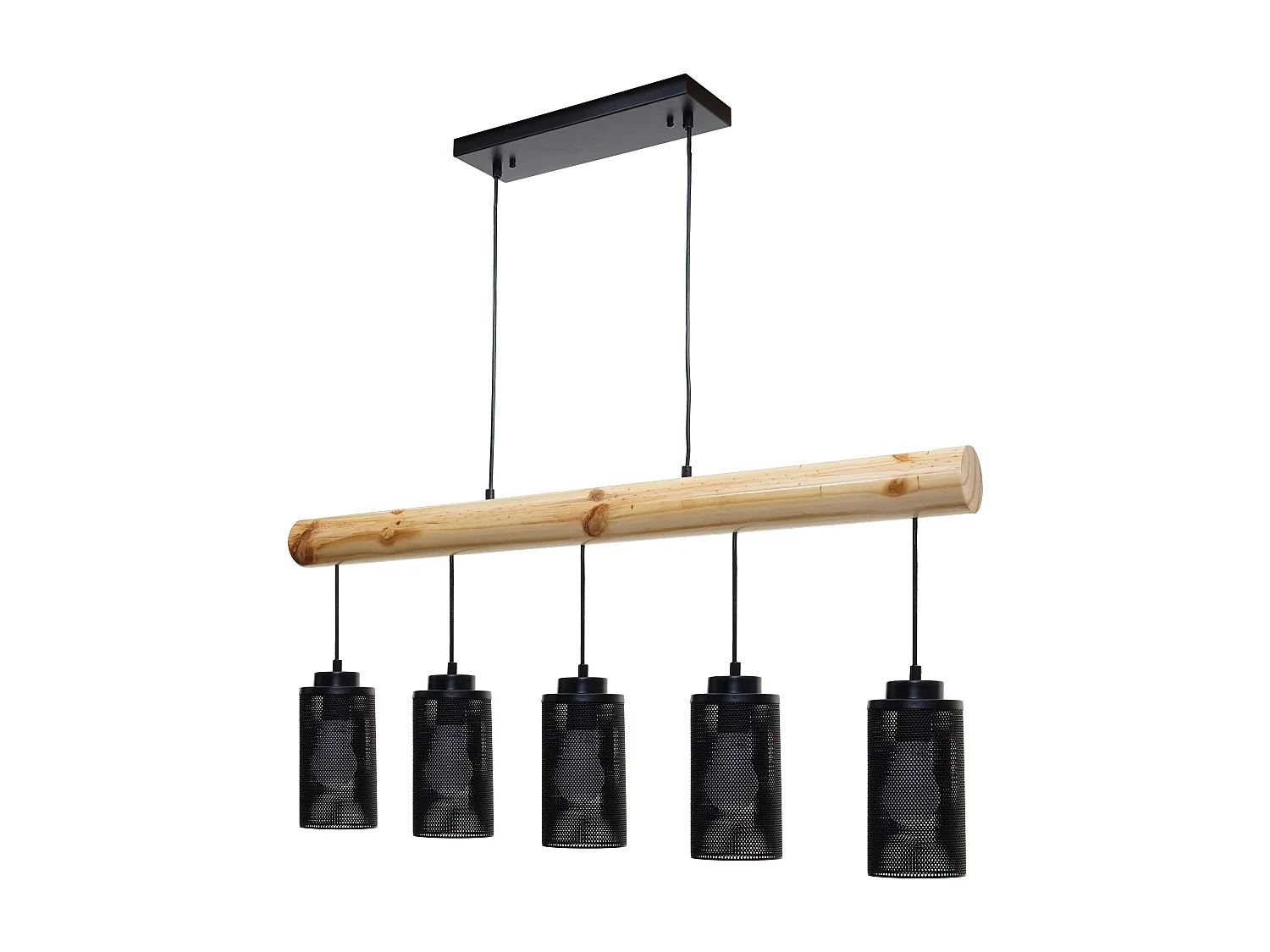 Lampe à suspension de plafond style vintage industriel en bois massif métal noir 5 abat-jour en tube 04_0003600