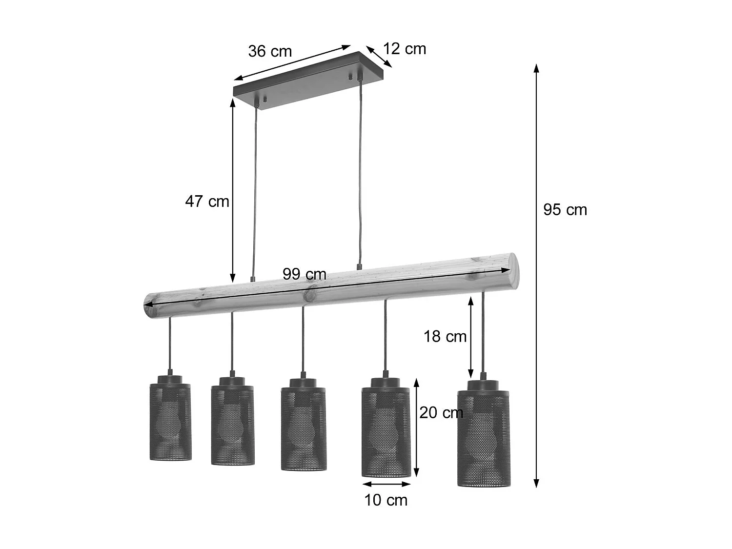 Lampe à suspension de plafond style vintage industriel en bois massif métal noir 5 abat-jour en tube 04_0003600