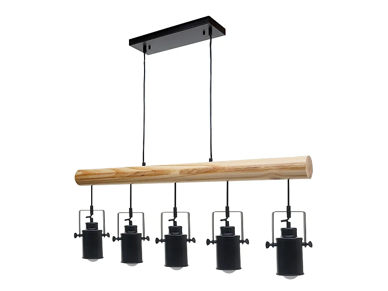 Lampe à suspension style industriel en métal et bois massif vintage industriel noir abat-jour à 5 spots 04_0003601