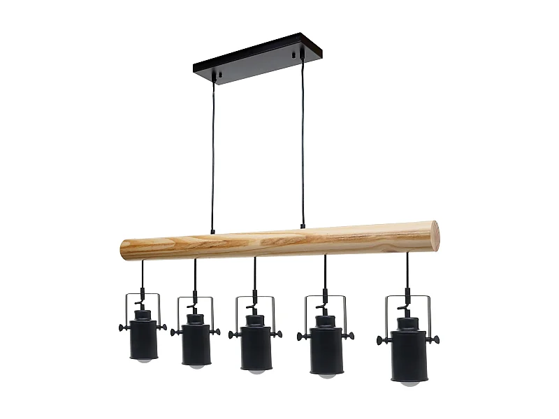 Lampe à suspension style industriel en métal et bois massif vintage industriel noir abat-jour à 5 spots 04_0003601