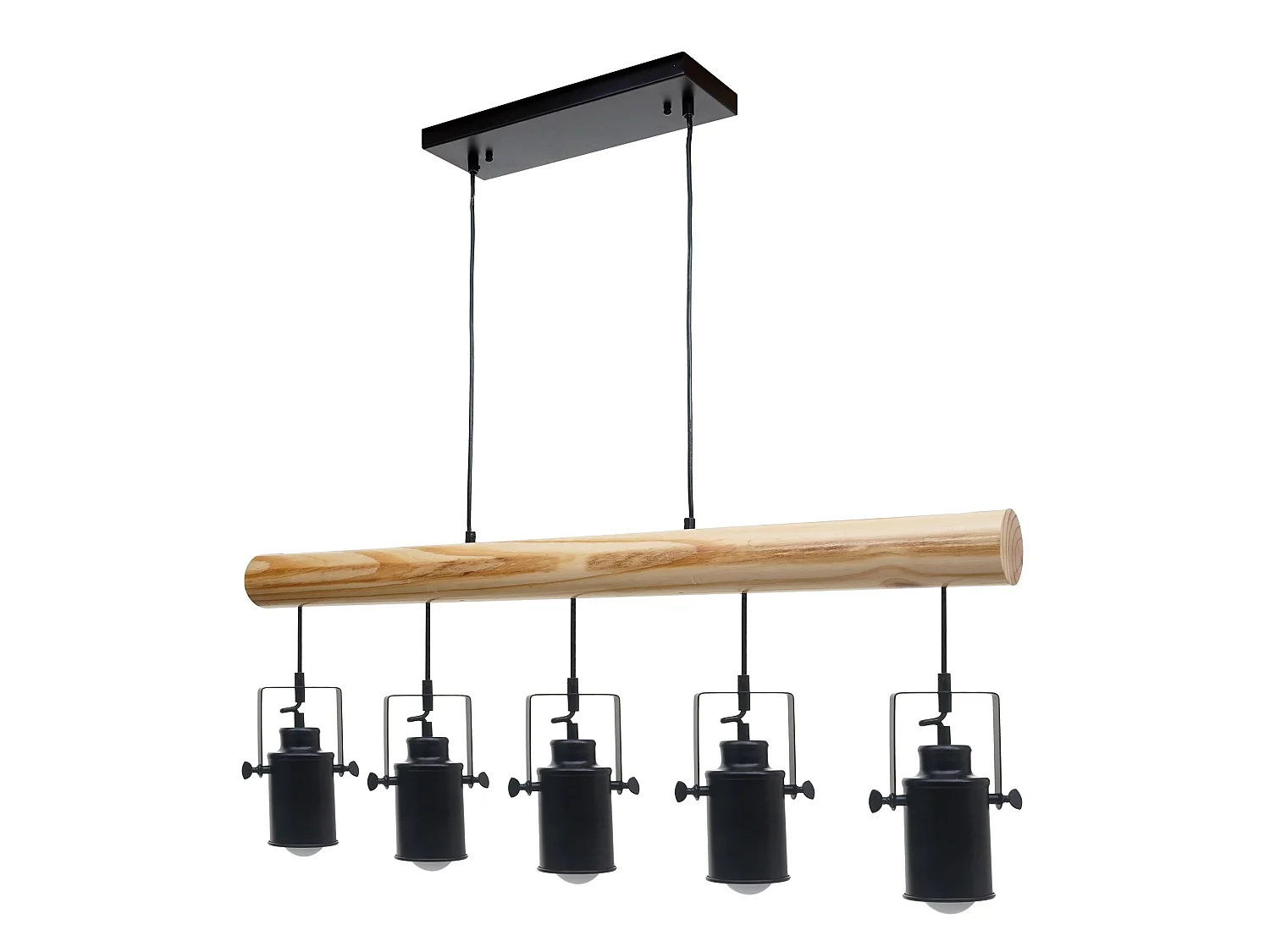 Lampe à suspension style industriel en métal et bois massif vintage industriel noir abat-jour à 5 spots 04_0003601