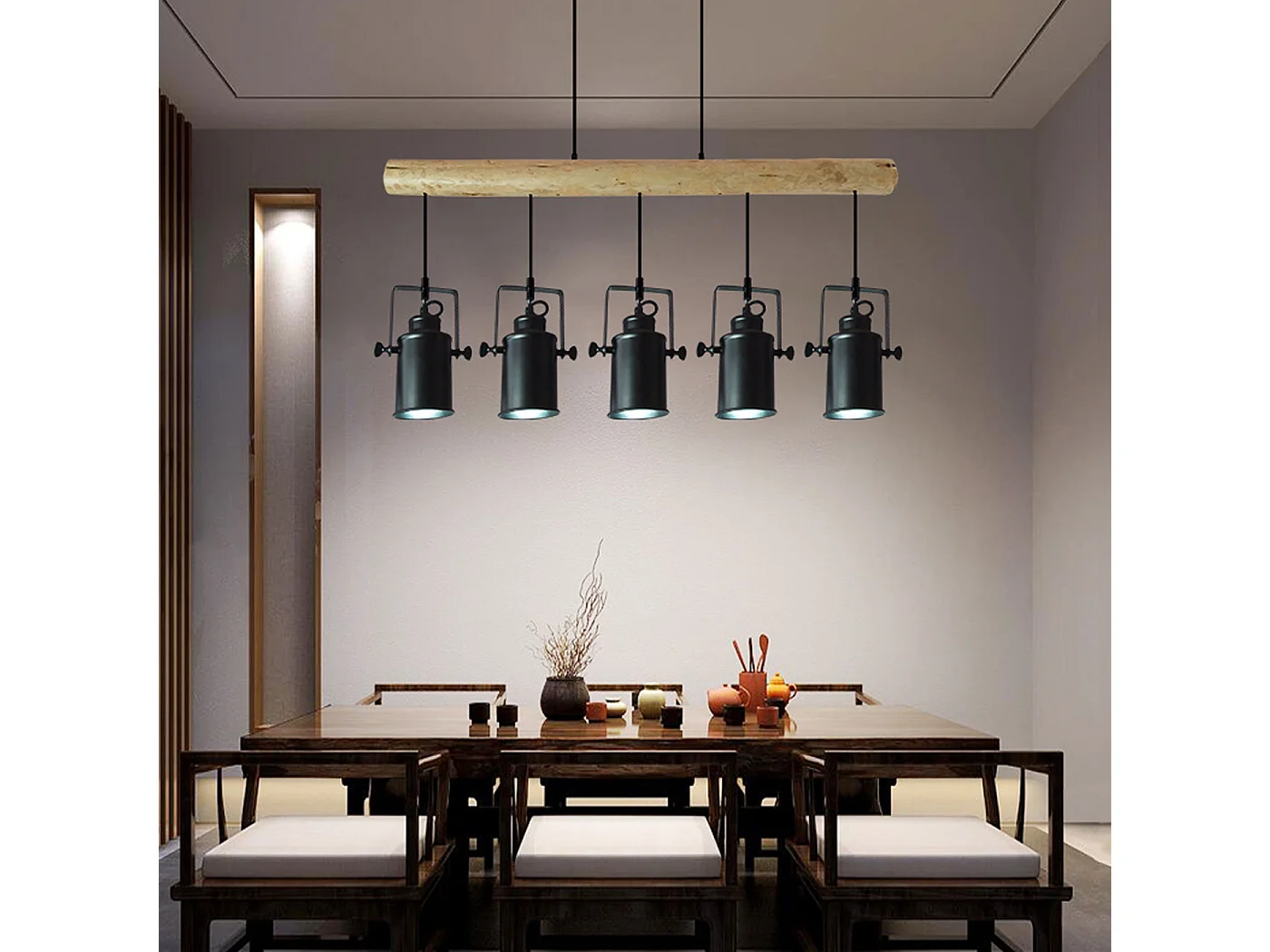 Lampe à suspension style industriel en métal et bois massif vintage industriel noir abat-jour à 5 spots 04_0003601