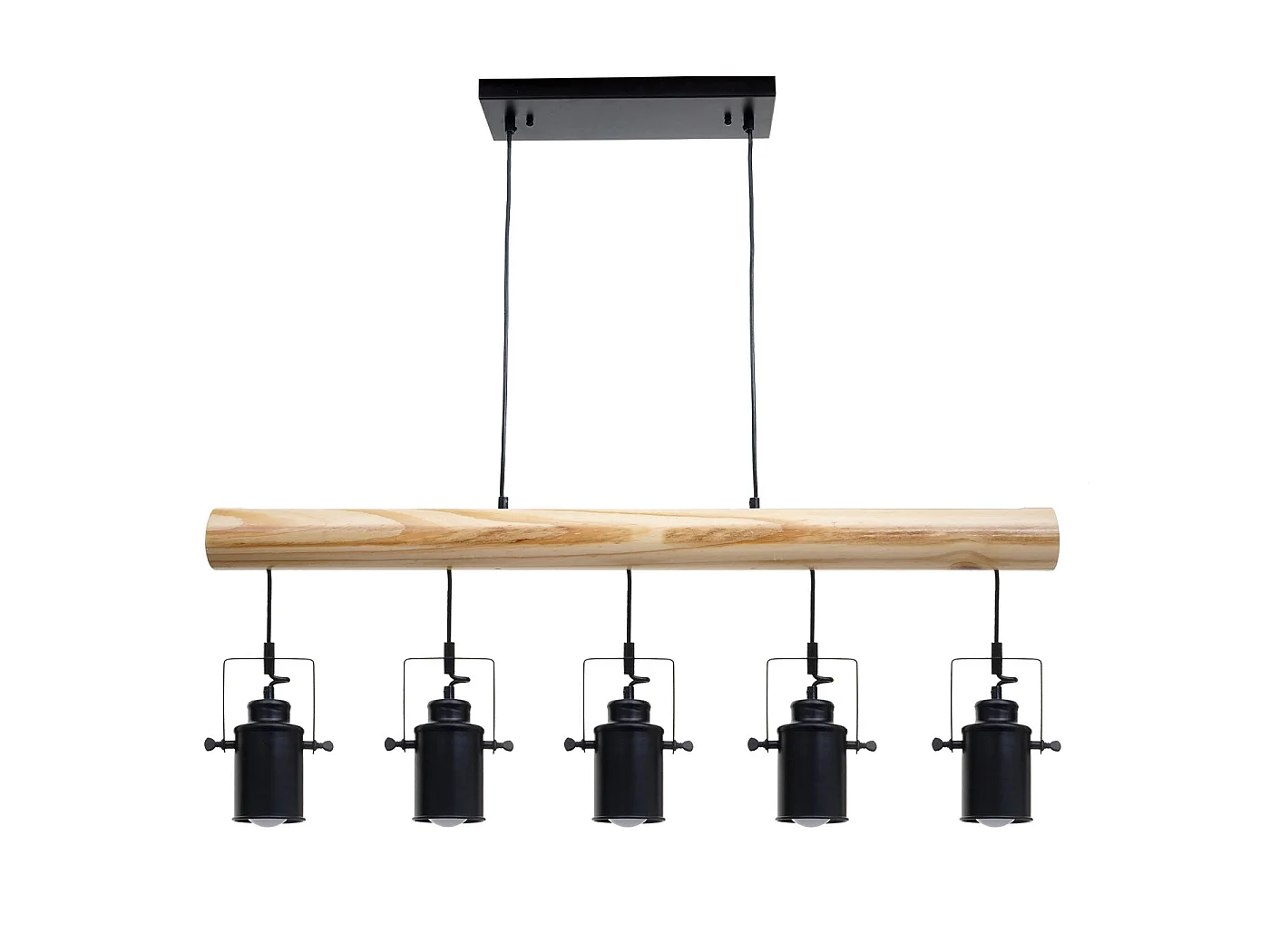 Lampe à suspension style industriel en métal et bois massif vintage industriel noir abat-jour à 5 spots 04_0003601