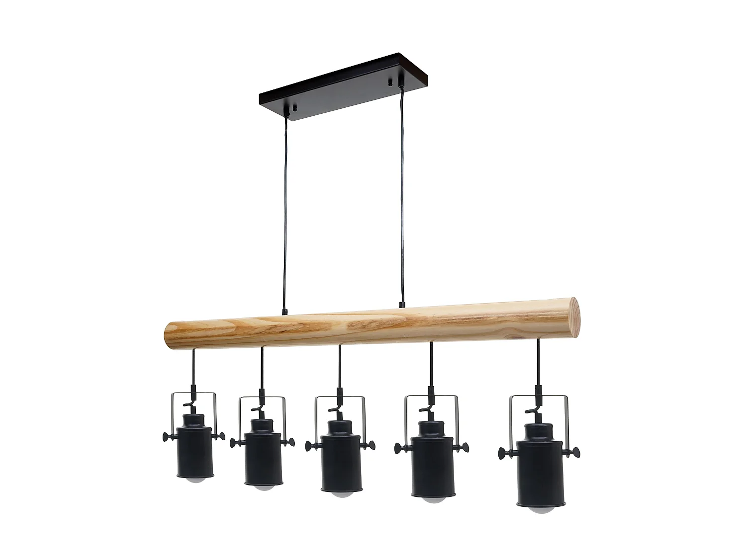 Lampe à suspension style industriel en métal et bois massif vintage industriel noir abat-jour à 5 spots 04_0003601