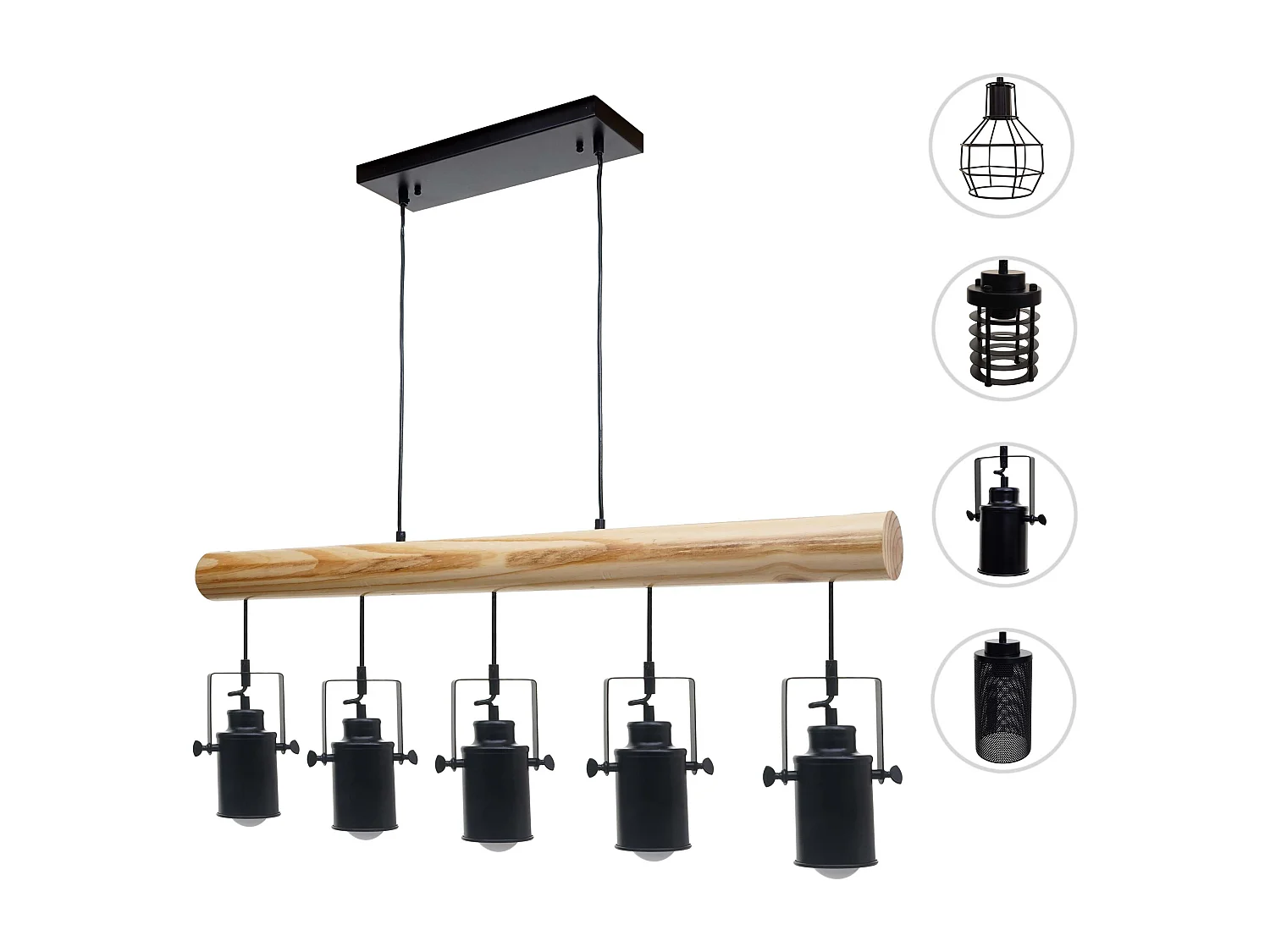 Lampe à suspension style industriel en métal et bois massif vintage industriel noir abat-jour à 5 spots 04_0003601