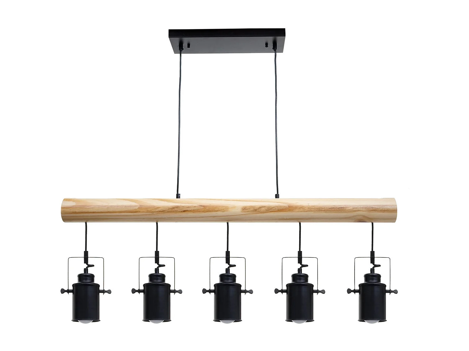 Lampe à suspension style industriel en métal et bois massif vintage industriel noir abat-jour à 5 spots 04_0003601