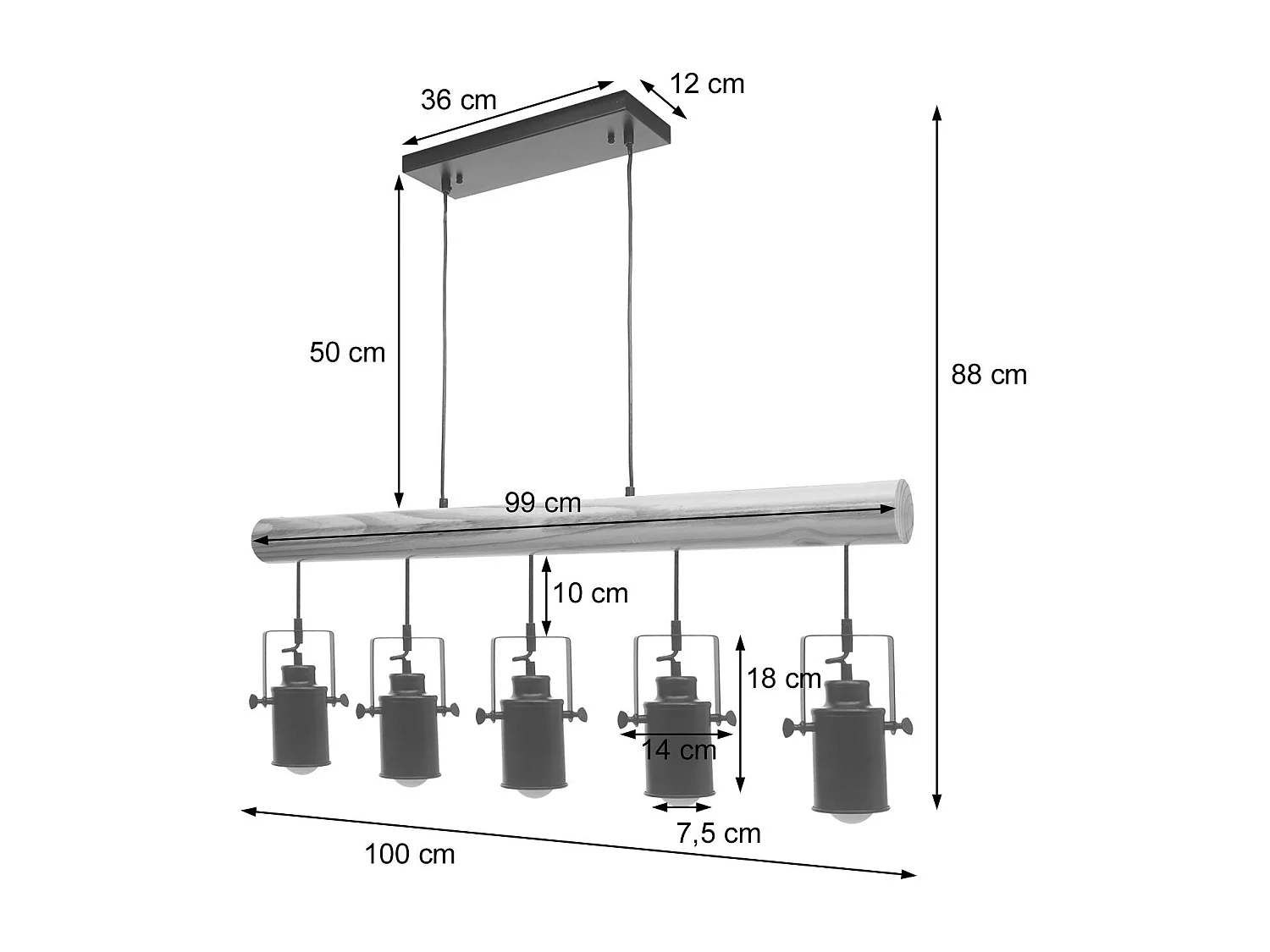 Lampe à suspension style industriel en métal et bois massif vintage industriel noir abat-jour à 5 spots 04_0003601
