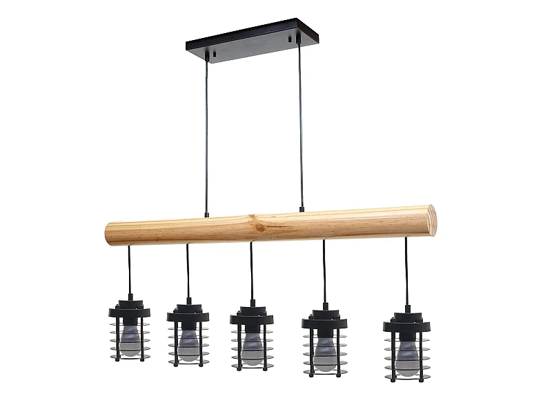 Lampe suspension plafonnier style industriel vintage bois massif métal noir 5 supports d'ampoules 04_0004051