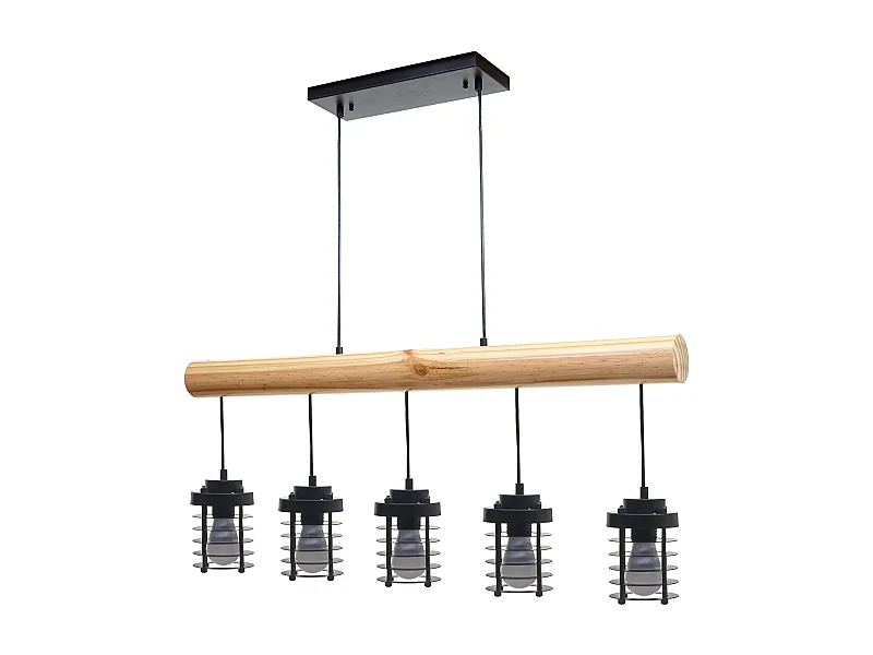 Lampe suspension plafonnier style industriel vintage bois massif métal noir 5 supports d'ampoules 04_0004051
