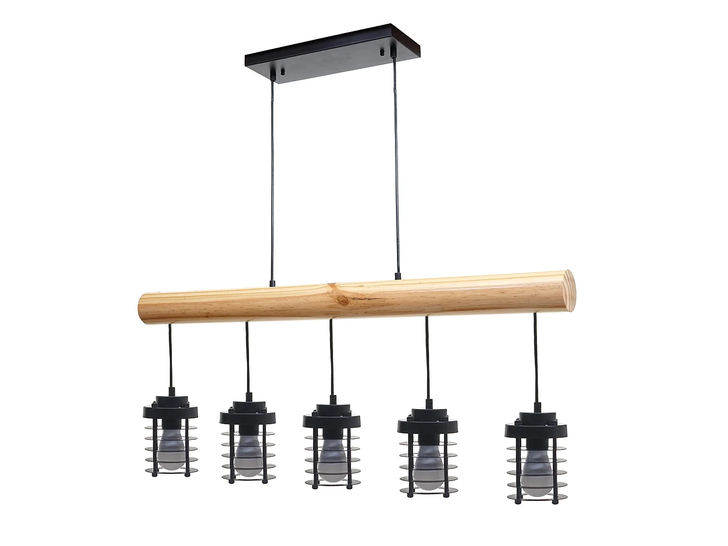 Lampe suspension plafonnier style industriel vintage bois massif métal noir 5 supports d'ampoules 04_0004051