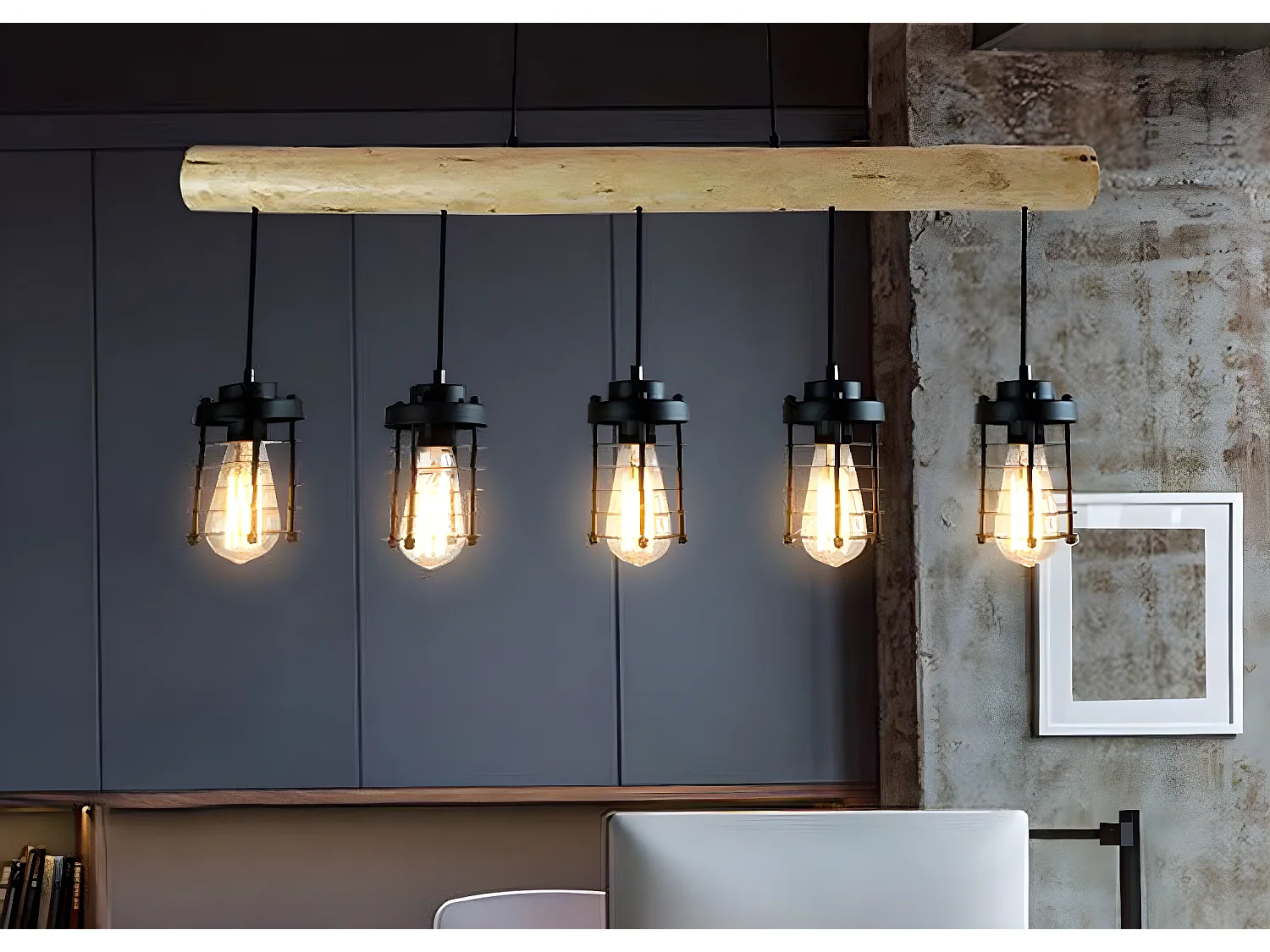 Lampe suspension plafonnier style industriel vintage bois massif métal noir 5 supports d'ampoules 04_0004051