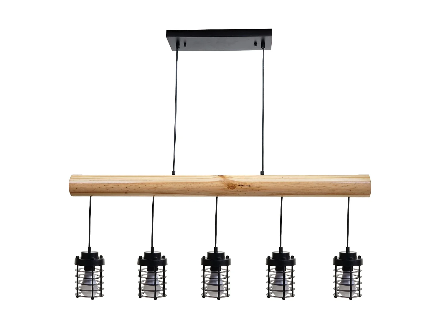 Lampe suspension plafonnier style industriel vintage bois massif métal noir 5 supports d'ampoules 04_0004051