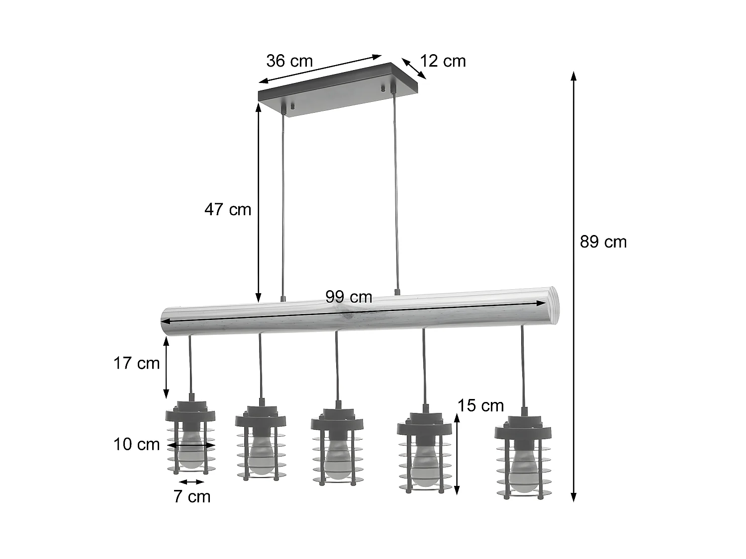 Lampe suspension plafonnier style industriel vintage bois massif métal noir 5 supports d'ampoules 04_0004051