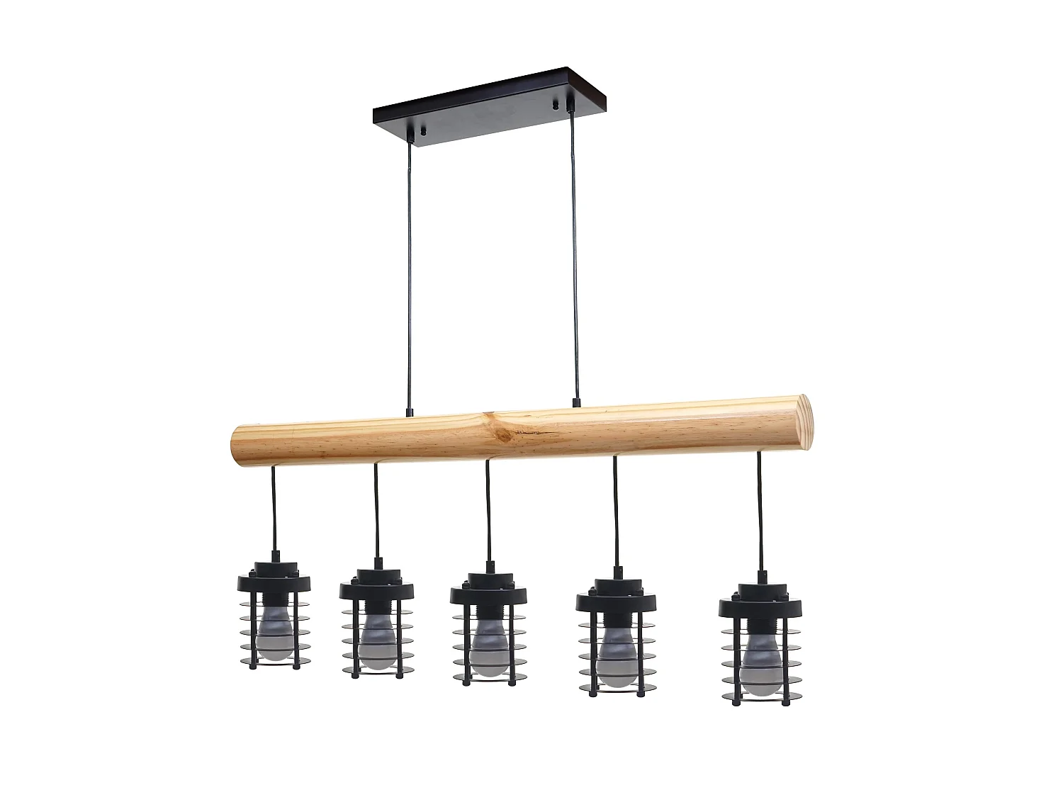 Lampe suspension plafonnier style industriel vintage bois massif métal noir 5 supports d'ampoules 04_0004051