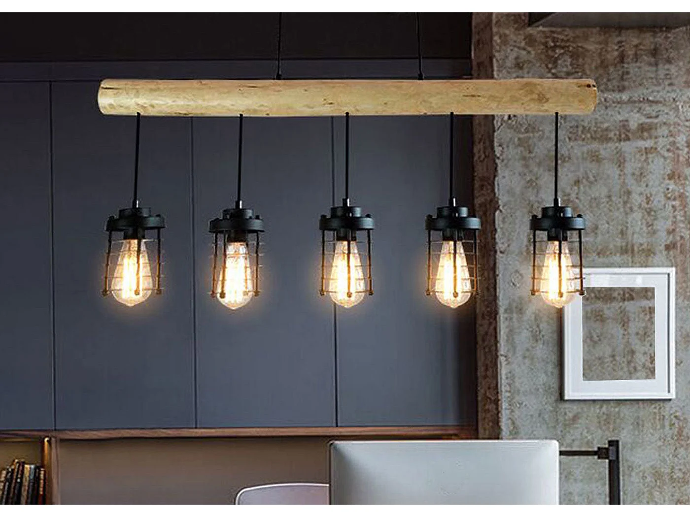 Lampe suspension plafonnier style industriel vintage bois massif métal noir 5 supports d'ampoules 04_0004051