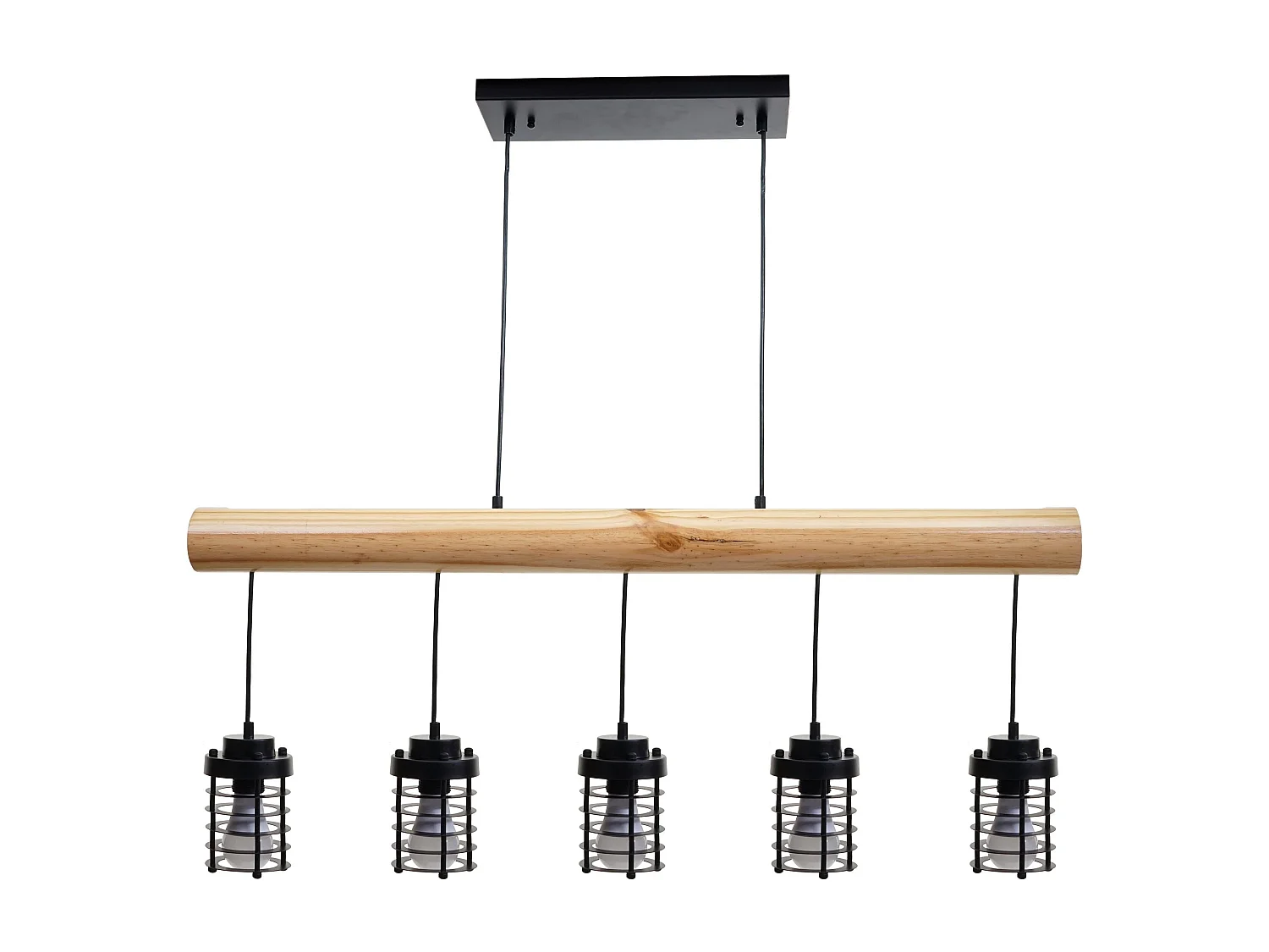 Lampe suspension plafonnier style industriel vintage bois massif métal noir 5 supports d'ampoules 04_0004051