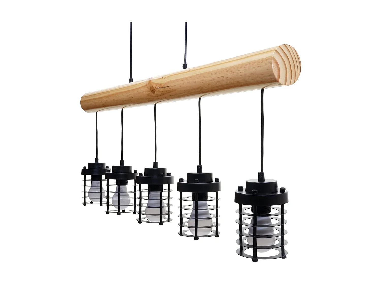 Lampe suspension plafonnier style industriel vintage bois massif métal noir 5 supports d'ampoules 04_0004051